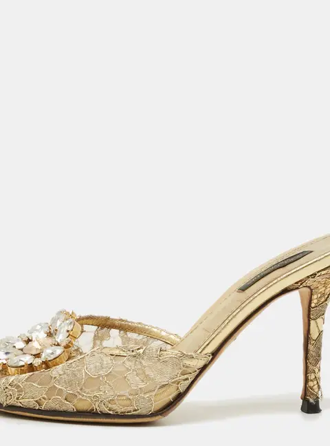 Dolce & Gabbana Keira Size 37.5 Gold Lace and Mesh Crystal Embellished Slide Sandals