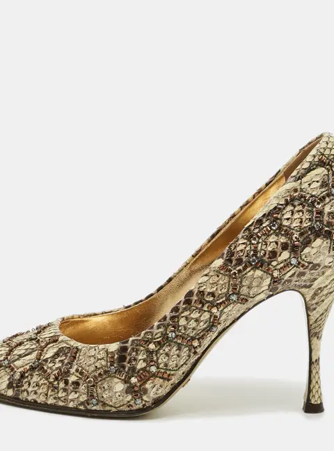 Dolce & Gabbana Size 38 Cream/Brown Python Leather Peep Toe Pumps
