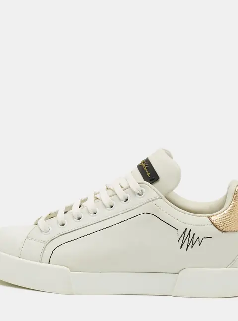 Dolce & Gabbana Portofino Size 36.5 White/Gold Leather Lace Up Sneakers