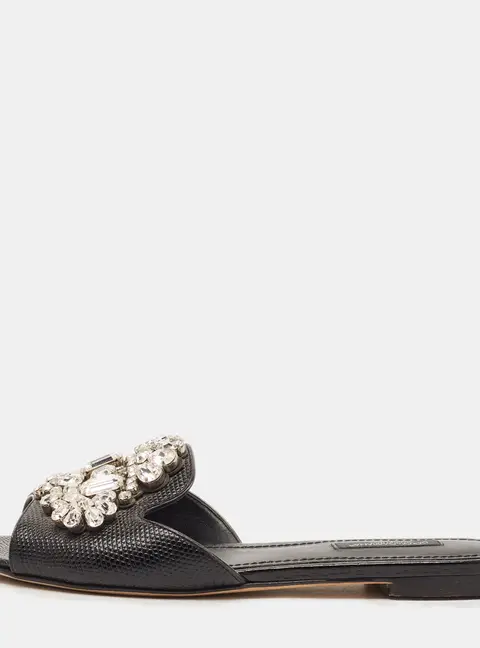 Dolce & Gabbana Bianca Size 37 Black Lizard Embossed Leather Crystal Embellished Flat Slide Sandals