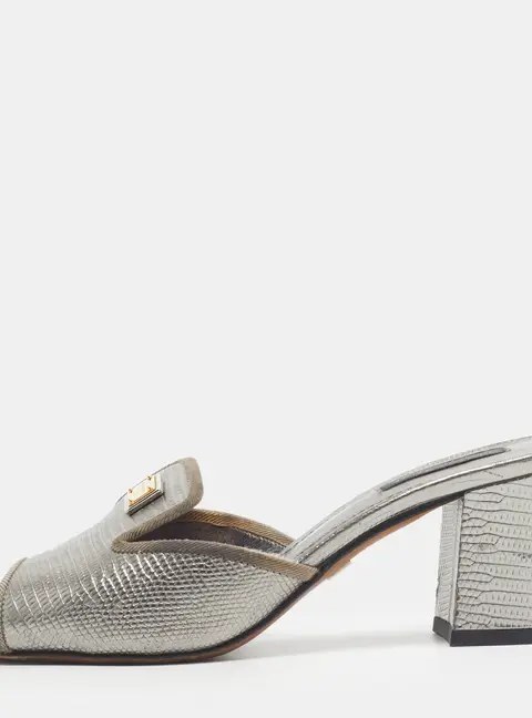 Dolce & Gabbana Size 37.5 Silver Lizard Embossed Leather Slide Sandals