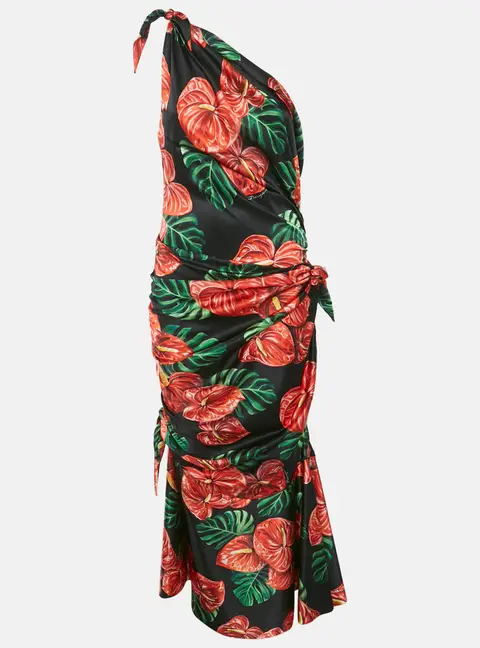 Dolce & Gabbana Black Printed Satin Silk One-Shoulder Tie-Up Detail Midi Dress L
