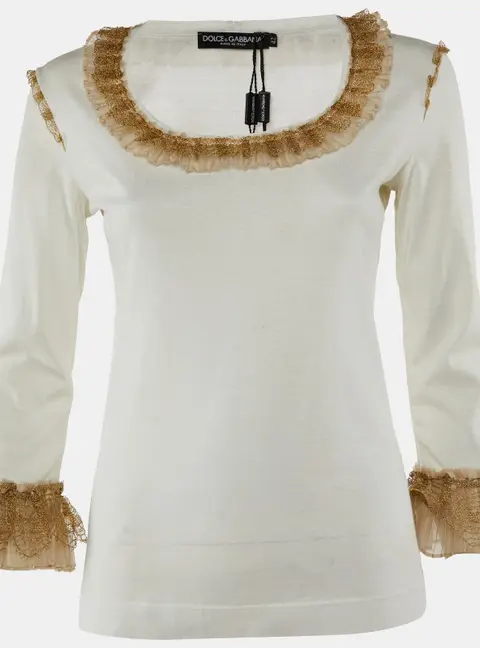 Dolce & Gabbana Off-White Cotton Blend Knit Ruffled Top M