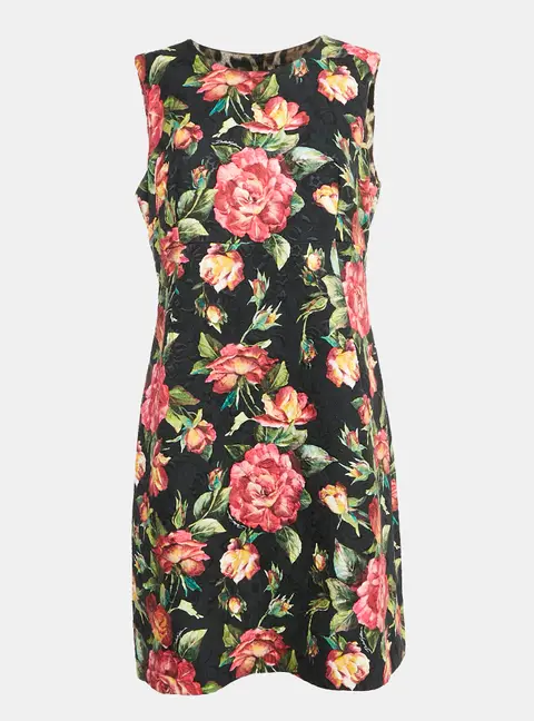 Dolce & Gabbana Black Floral Print Jacquard Cotton Blend Sleeveless Mini Dress L