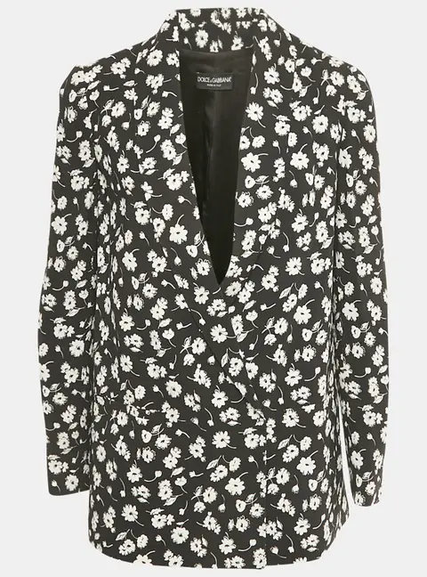 Dolce & Gabbana Black Cady Daisy Print Crepe Blazer S