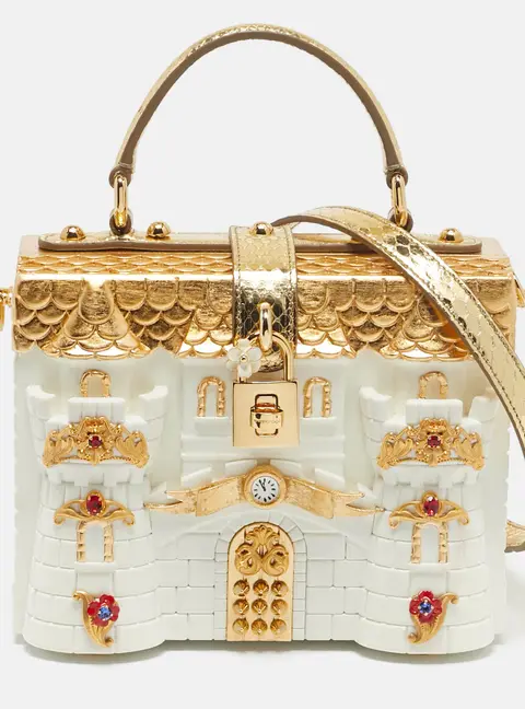 Dolce & Gabbana Gold/White Acrylic and Snakeskin Castle Dolce Box Top Handle Bag