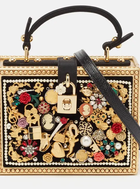 Dolce & Gabbana Gold/Black Acrylic and Fabric Embellished Dolce Box Top Handle Bag