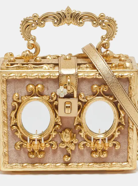 Dolce & Gabbana Gold/Beige Wood and Velvet Mirror Box Regine Top Handle Bag