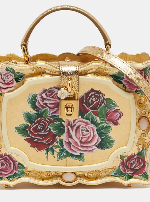Dolce & Gabbana Gold/Red Rose Painted Wood Dolce Box Top Handle Bag