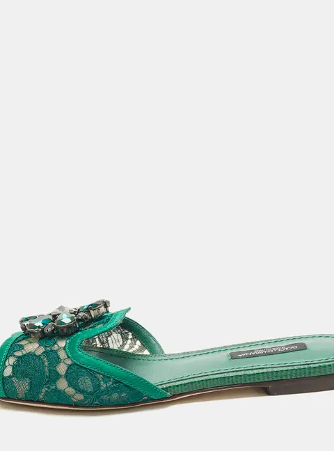 Dolce & Gabbana Bianca Size 36 Green Lace and Satin Flat Slide
