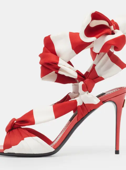 Dolce & Gabbana Portofino Size 36.5 Red/White Striped Satin Ankle Wrap Sandals