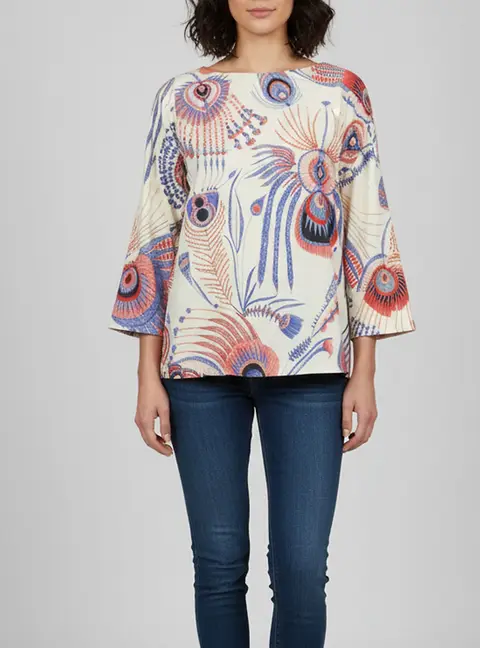 Dries Van Noten Cream Peacock Print Crepe Blouse L