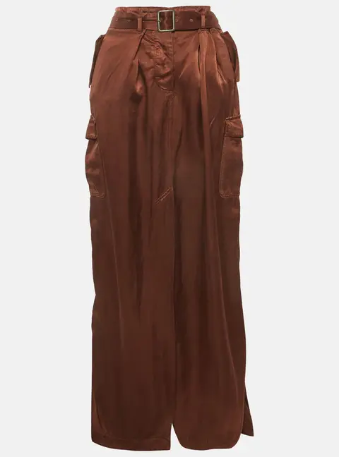 Dries van Noten Brown Satin Belted Maxi Skirt XL