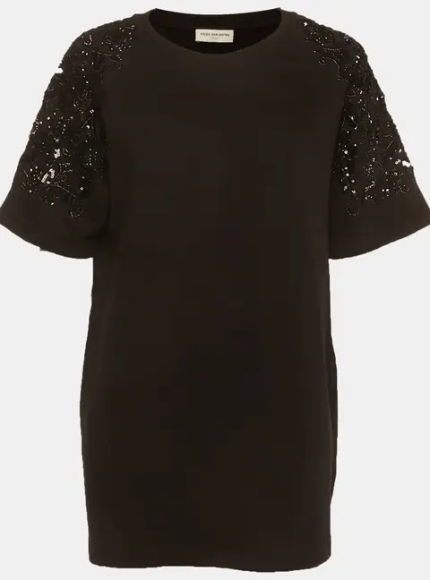 Dries Van Noten Black Sequins Embellished French Terry Knit T-Shirt L