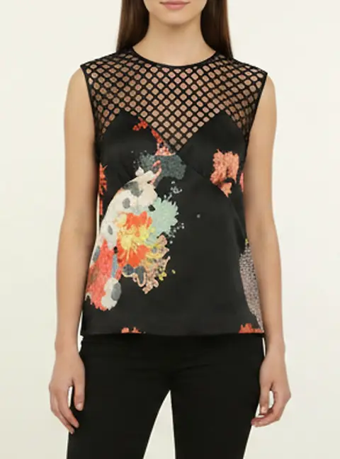 Dries Van Noten Black Multicolor Printed Satin and Mesh Sleeveless Tops S
