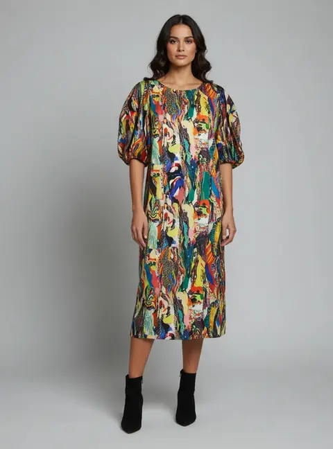 Dries Van Noten Multicolor Abstract Print Satin Short Sleeve Tunic Dress L
