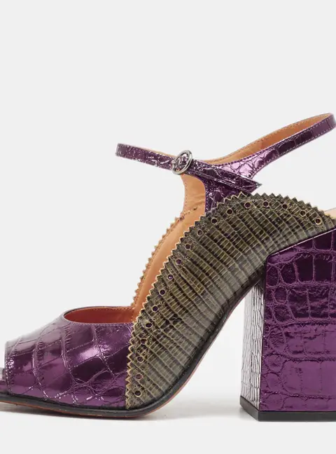 Dries van Noten Size 39 Purple Croc Embossed Leather and Lizard Embossed Leather Ankle Strap Sandals