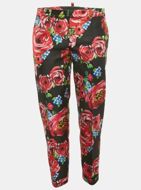 Dsquared2 Black Floral Print Silk Gabardine Pants S