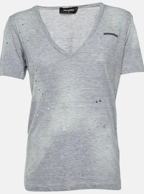 Dsquared2 Grey Distressed Cotton V-Neck T-Shirt S