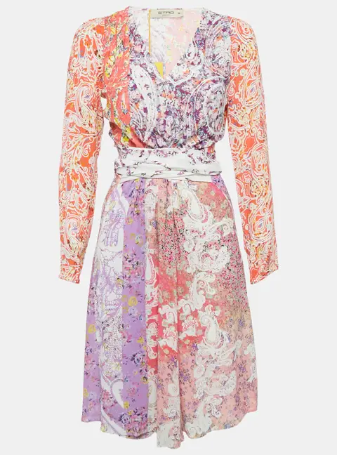 Etro Multicolor Printed Crepe Belted Midi Dress S