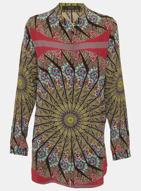 Etro Multicolor Printed Silk Mandarin Collar Blouse M