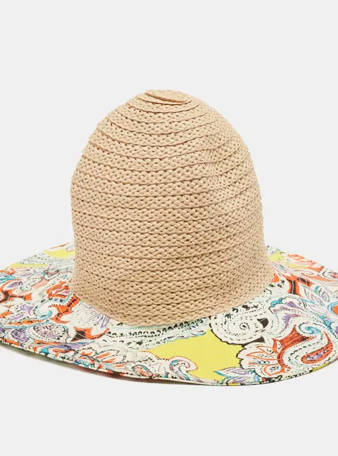 Etro Beige/Purple Printed Cotton and Raffia Hat