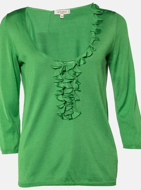 Etro Green Silk Knit Ruffled Top M