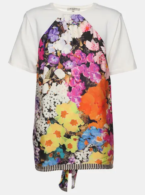 Etro Cream/Multicolor Cotton and Printed Silk T-Shirt M