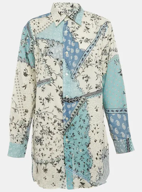Etro Blue/Multicolor Printed Ramie Button Front Tunic Shirt S