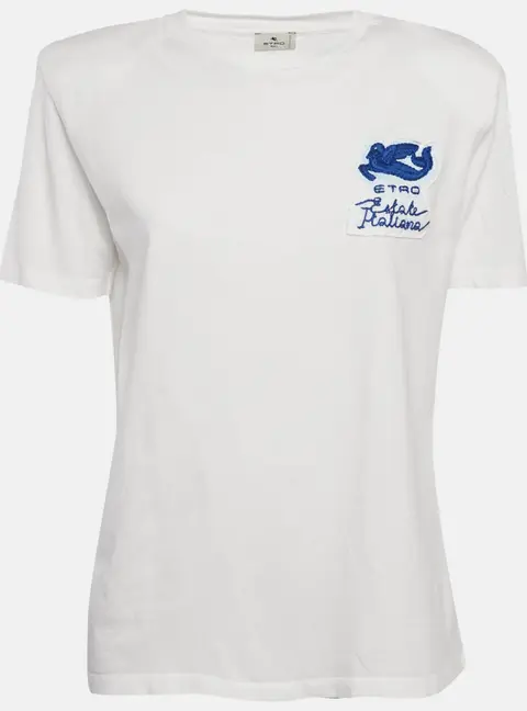 Etro White Applique Jersey Structured Shoulder T-Shirt S