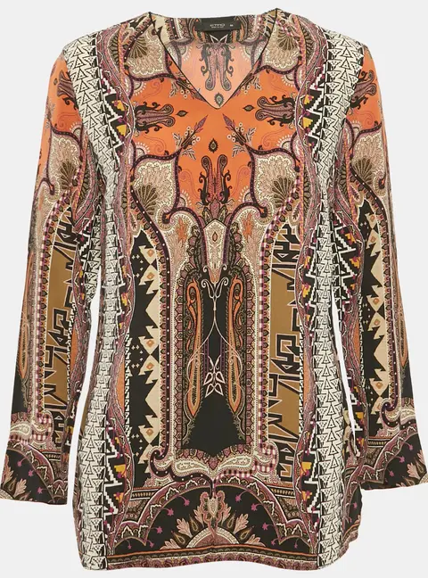 Etro Brown Paisley Print Silk V-Neck Blouse L