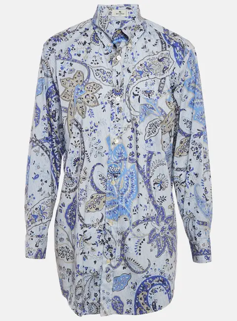Etro Blue Printed Cotton Blend Button Front Shirt XS