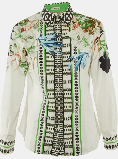 Etro White/Green Floral Print Cotton Long Sleeve Shirt M