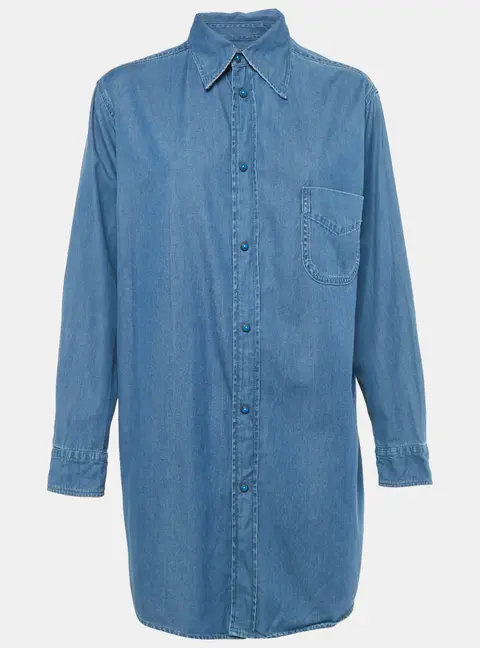 Etro Beach Dubai Blue Logo Print Denim Oversized Shirt S