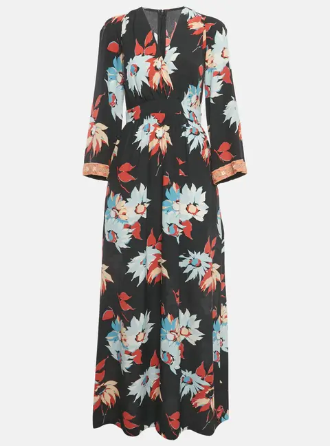 Etro Black Floral Print Silk Embellished Cuff Detail Dress S