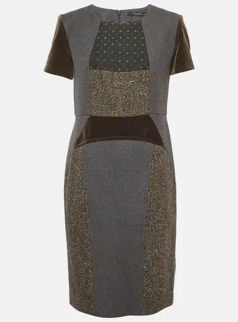 Etro Grey Wool and Velvet Patchwork Shift Mini Dress L