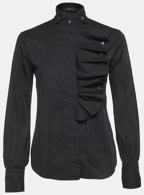 Etro Black Striped Textured Cotton Ruffle Shirt S