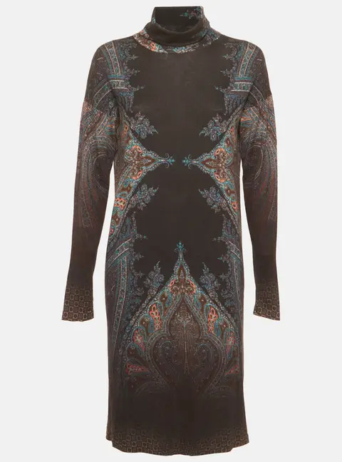 Etro Multicolour Paisley Print Knit Turtle Neck Mini Dress L