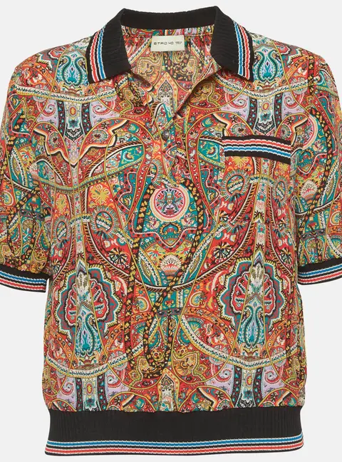 Etro Multicolour Paisley Print Silk and Cotton Knit Polo Top S