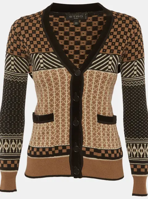 Etro Beige/Black Intarsia Button Front Cardigan S