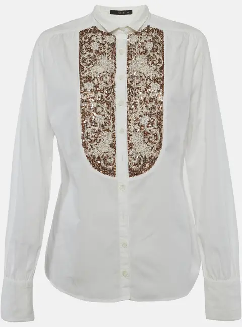Etro White Sequin Embroidered Cotton Shirt M