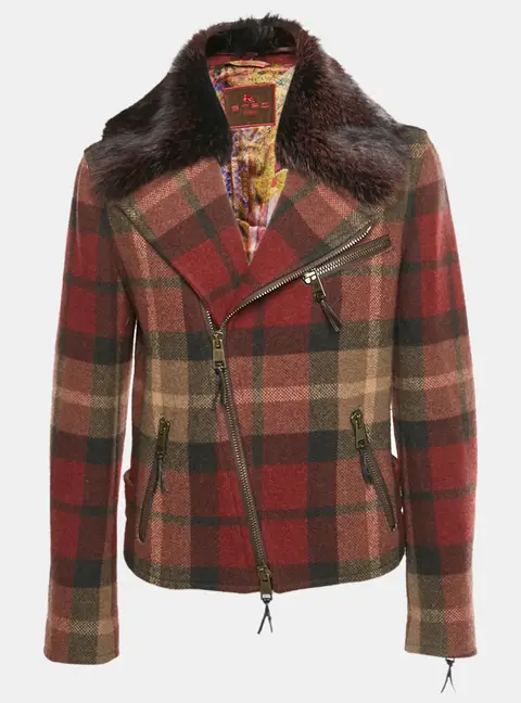 Etro Burgundy Checks Wool and Fox Fur Collar Jacket M
