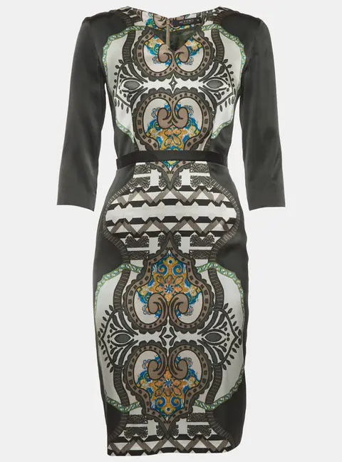 Etro Green Printed Satin Silk Sheath Dress S
