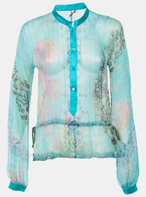 Etro Turquoise Blue Printed Lurex Silk Sheer Blouse S