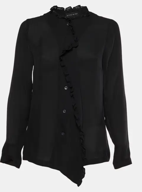 Etro Black Silk Chiffon Button Up Ruffle Blouse M