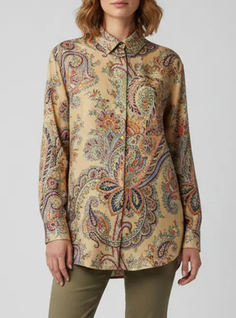 Etro Beige Paisley Print Satin Button Up Shirt XL