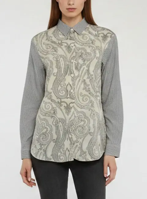 Etro White/Blue Striped Paisley Print Cotton and Crepe Shirt M