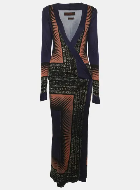 Etro Multicolor Abstract Art Deco Printed Jersey Slim Fit V Neck Dress L