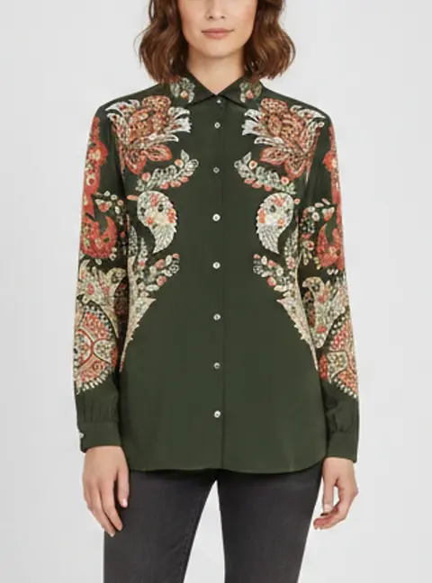 Etro Green Paisley Print Silk Crepe de Chine Shirt M