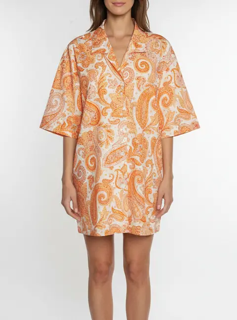 Etro Orange Paisley Print Poplin Bowling Shirt XL
